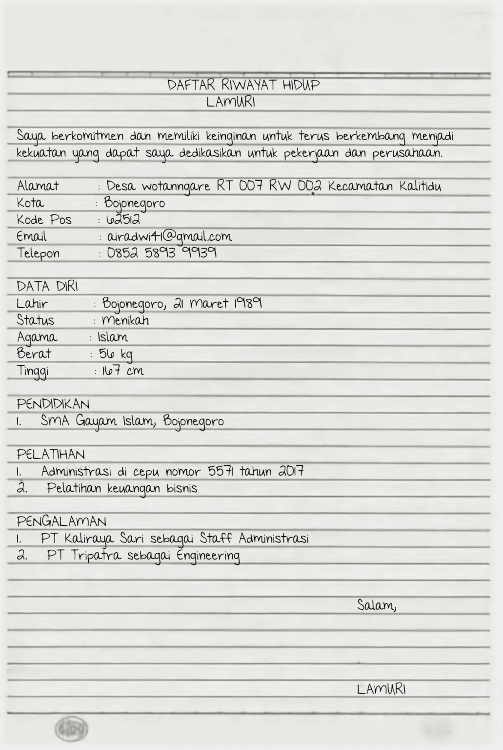 5 Contoh Daftar Riwayat Hidup Tulis Tangan Lengkap LokerPintar Id