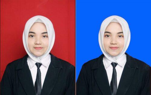 Contoh Pas Foto Lamaran Kerja Hijab dengan Latar Belakang Merah dan Biru