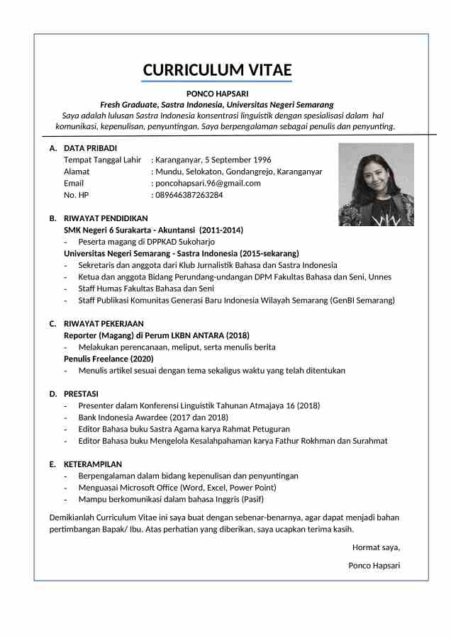 Contoh CV Magang Mahasiswa