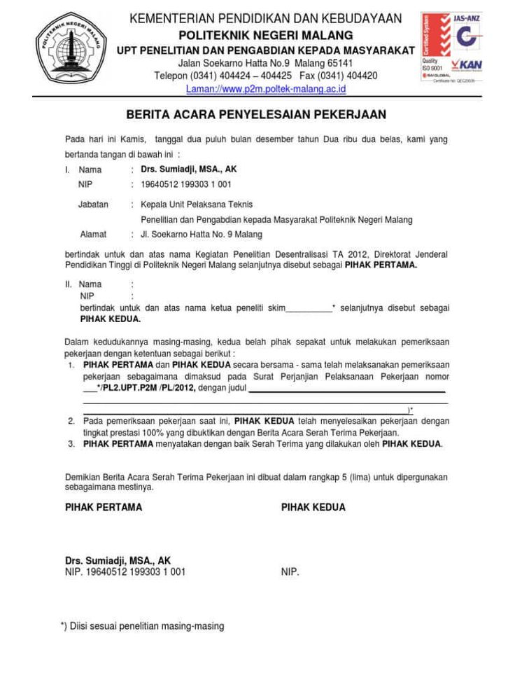 Contoh Berita Acara Penyelesaian Pekerjaan