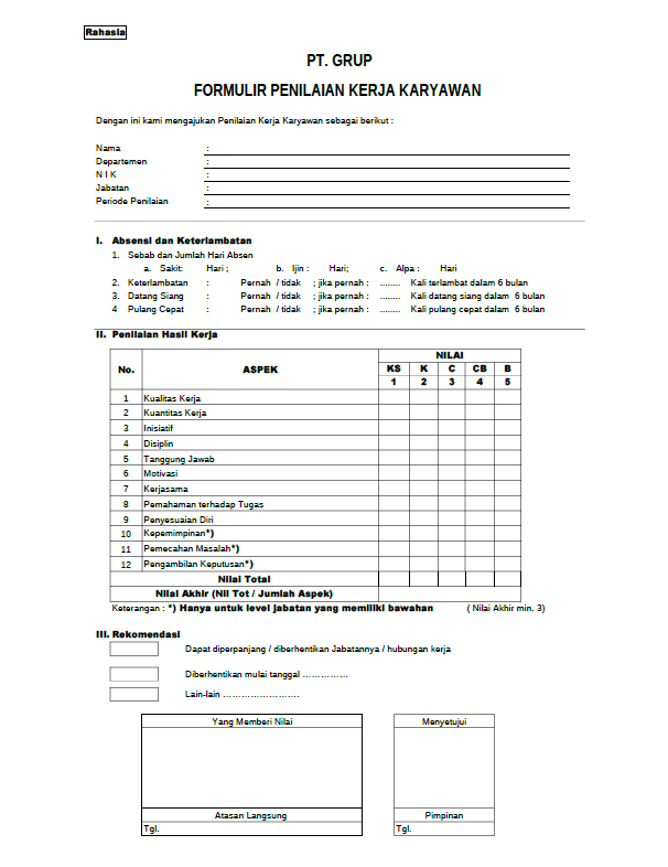 Contoh Form Penilaian Kinerja Karyawan Swasta