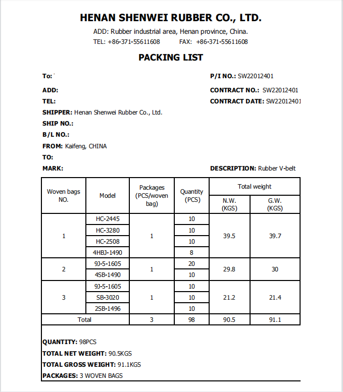 Contoh Packing List untuk Pengiriman Barang Industri