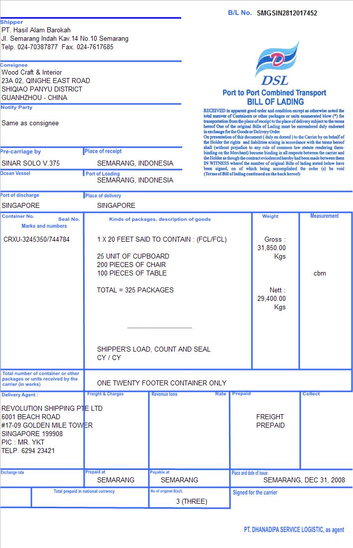 Contoh Packing List untuk Pengiriman Udara