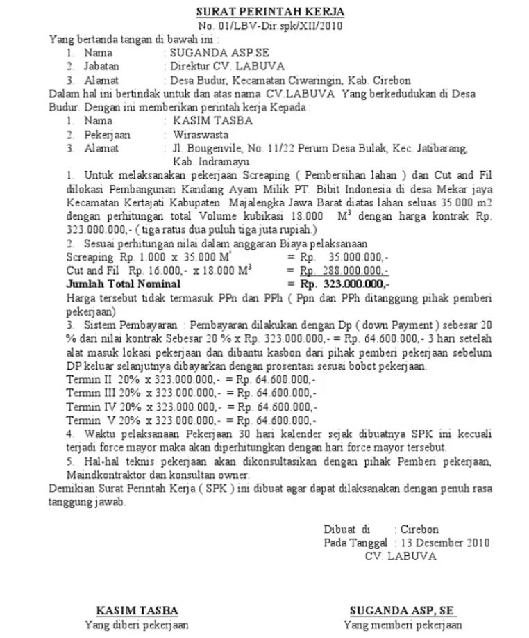 Contoh Surat Perintah Kerja Proyek Pembersihan Lahan